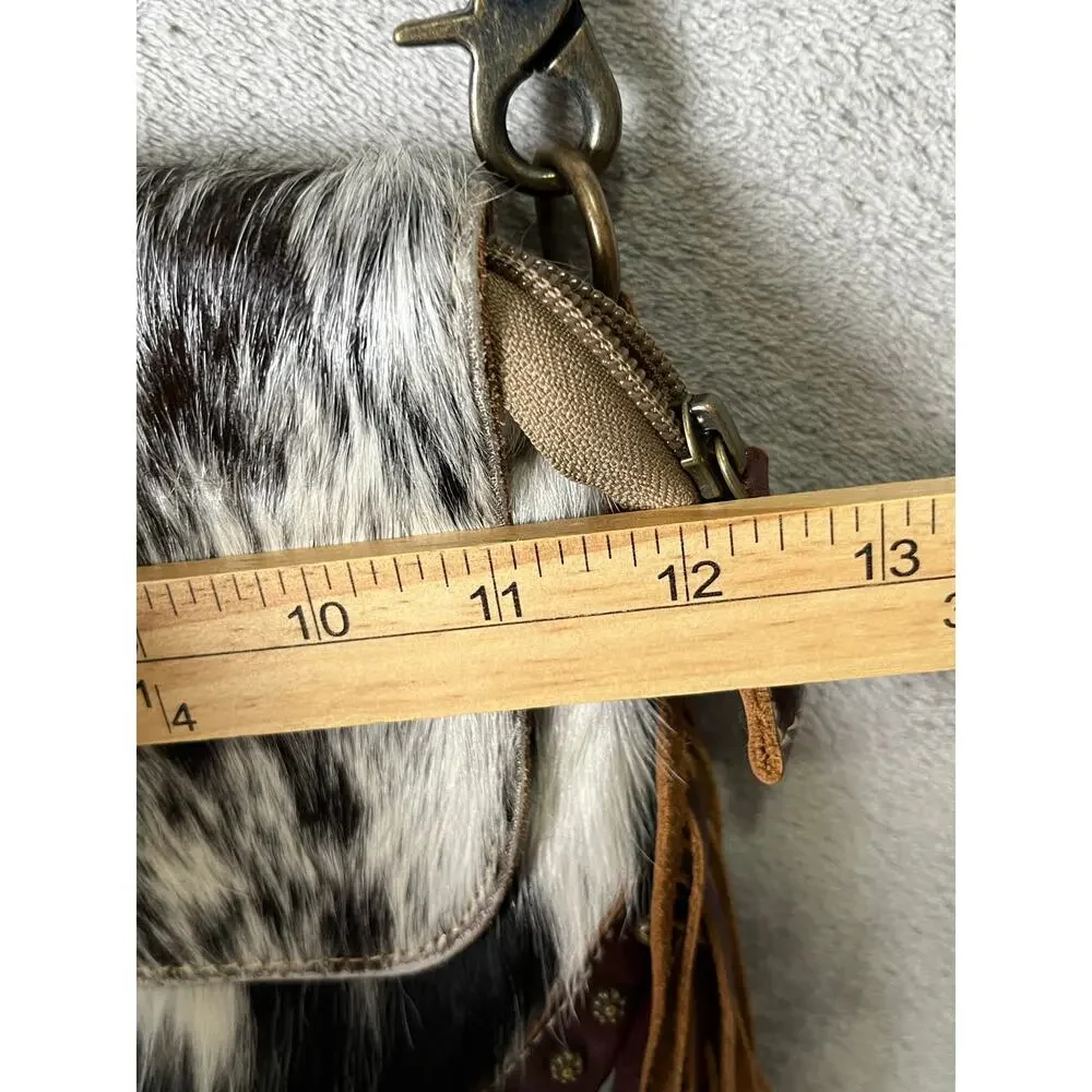 Myra Western Cowhide Fringe Crossbody Bag Leather Star Boho Cowgirl Rodeo Purse